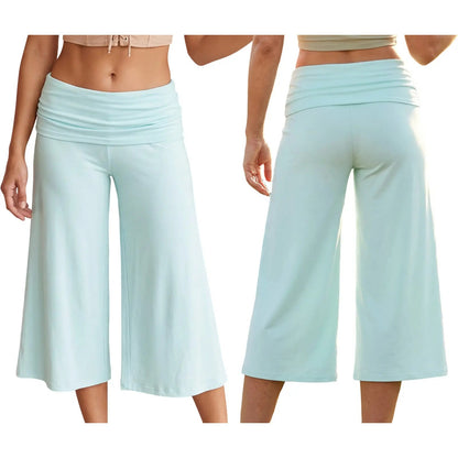 Women Summer Fold Over Wide Leg Capri Pants Low Rise Lounge Yoga Flare Culottes Y2k Soft Flowy Crop Palazzo Pants Beach