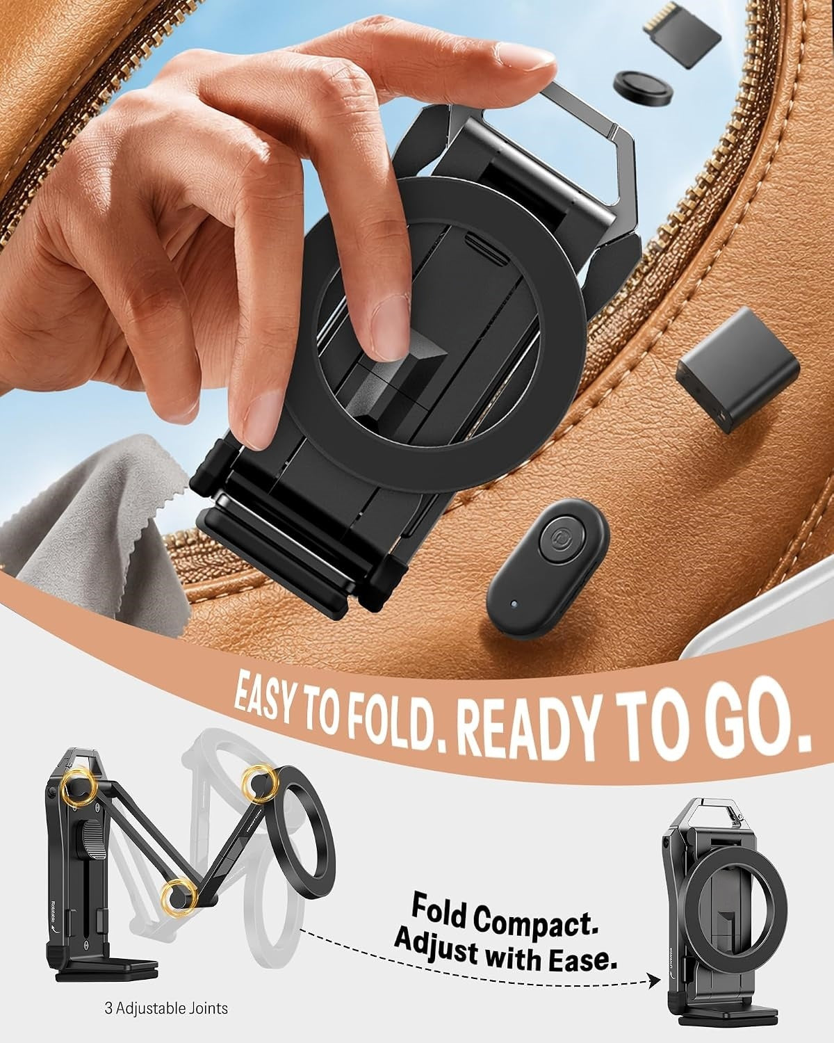 Magnetic Aluminum Phone Tripod Stand – Foldable 360° Rotating Phone Holder for iPhone
