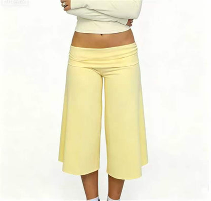 Women Summer Fold Over Wide Leg Capri Pants Low Rise Lounge Yoga Flare Culottes Y2k Soft Flowy Crop Palazzo Pants Beach