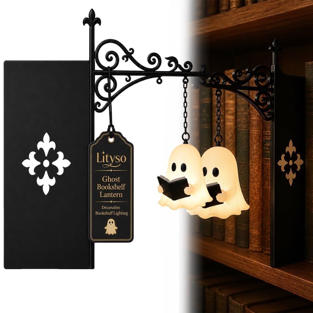 Cute Ghost Reading BookLamp -Cozy HalloweenLED Night Light &Bookshelf Decor