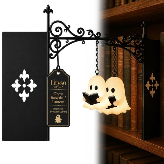 Cute Ghost Reading BookLamp -Cozy HalloweenLED Night Light &Bookshelf Decor
