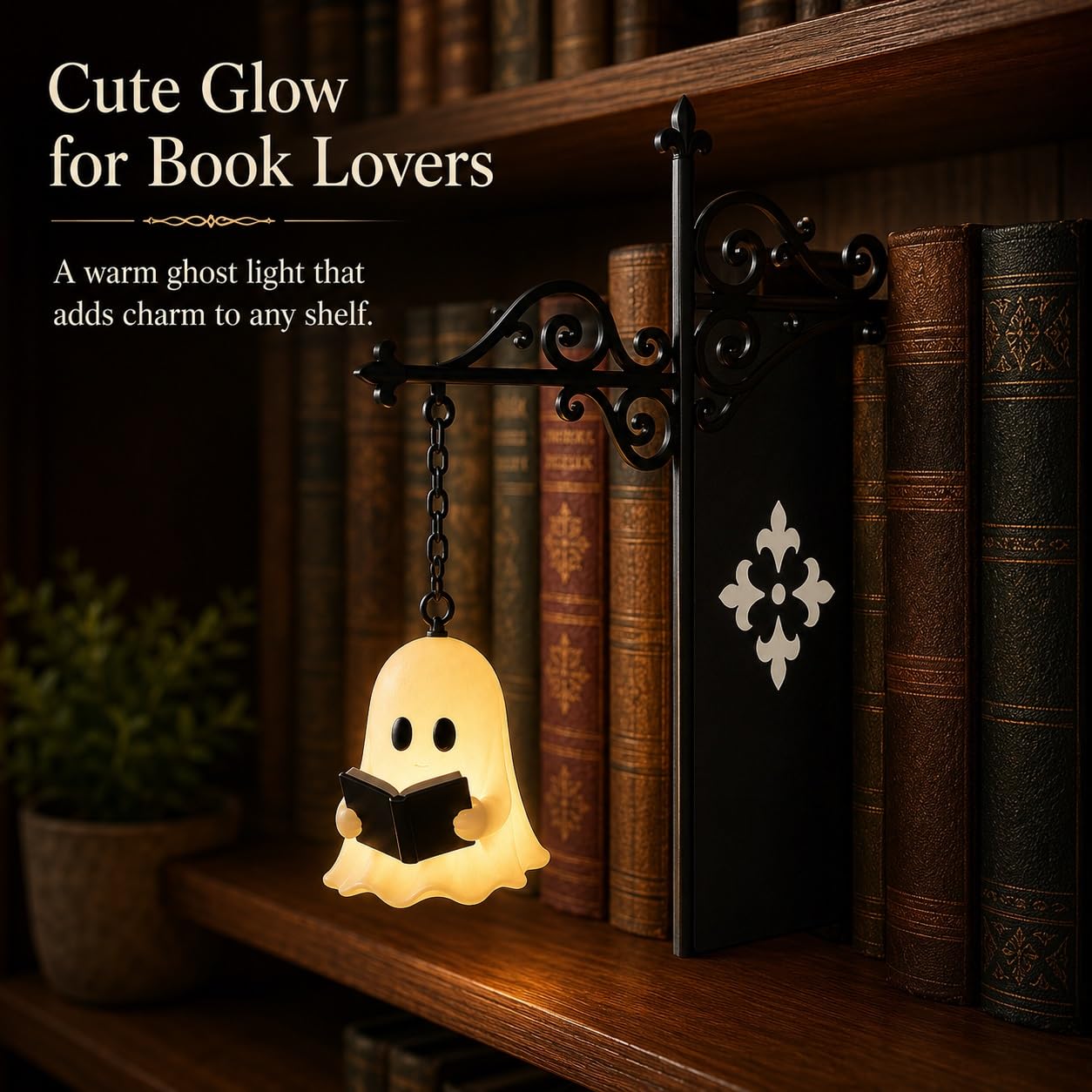 Cute Ghost Reading BookLamp -Cozy HalloweenLED Night Light &Bookshelf Decor