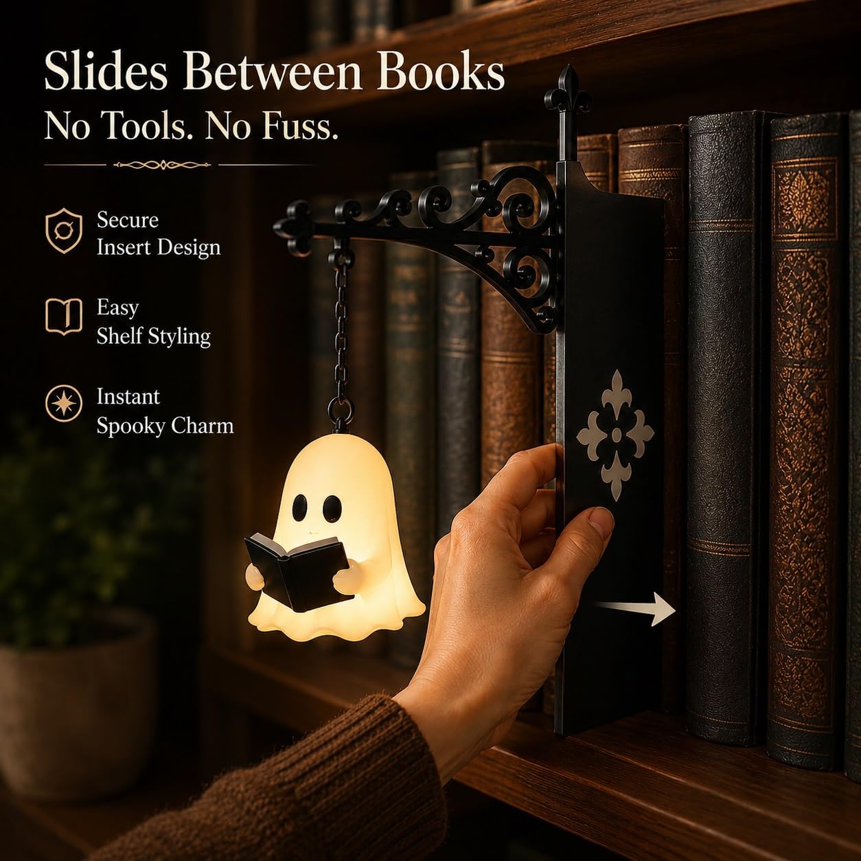 Cute Ghost Reading BookLamp -Cozy HalloweenLED Night Light &Bookshelf Decor