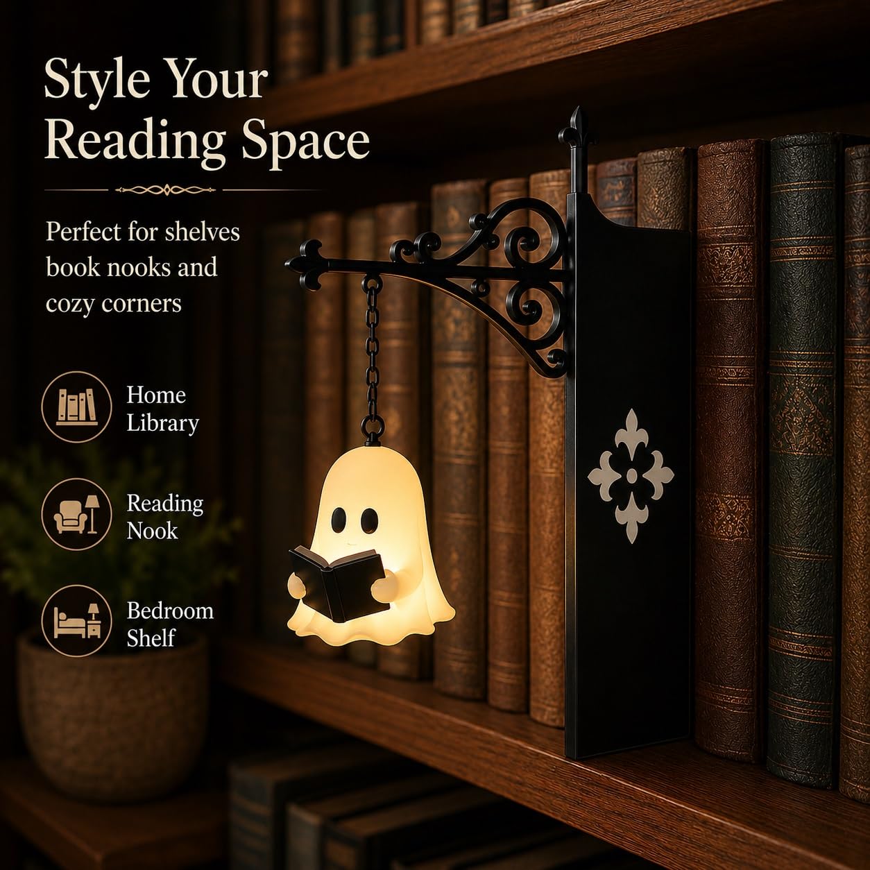 Cute Ghost Reading BookLamp -Cozy HalloweenLED Night Light &Bookshelf Decor