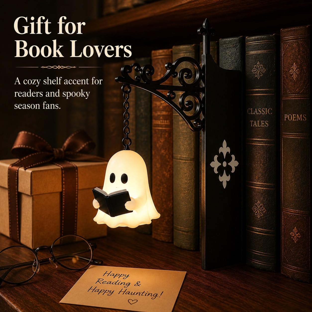 Cute Ghost Reading BookLamp -Cozy HalloweenLED Night Light &Bookshelf Decor