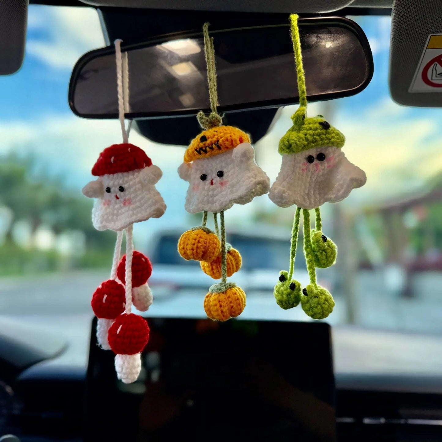 Crochet Boo Ghost Halloween Car Hanger Ornament, Handmade Keychain Bag Charm, Fall Gift for Him & Her