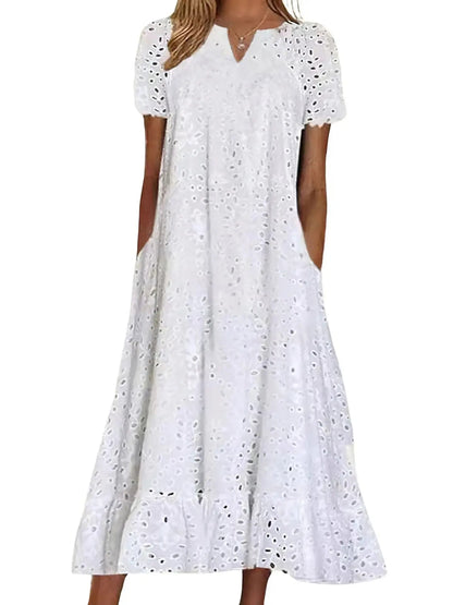 Casual Women Floral Eyelet Lace Midi Dress Notch Neck Ruffle Hem Tunic Dress with Pockets
