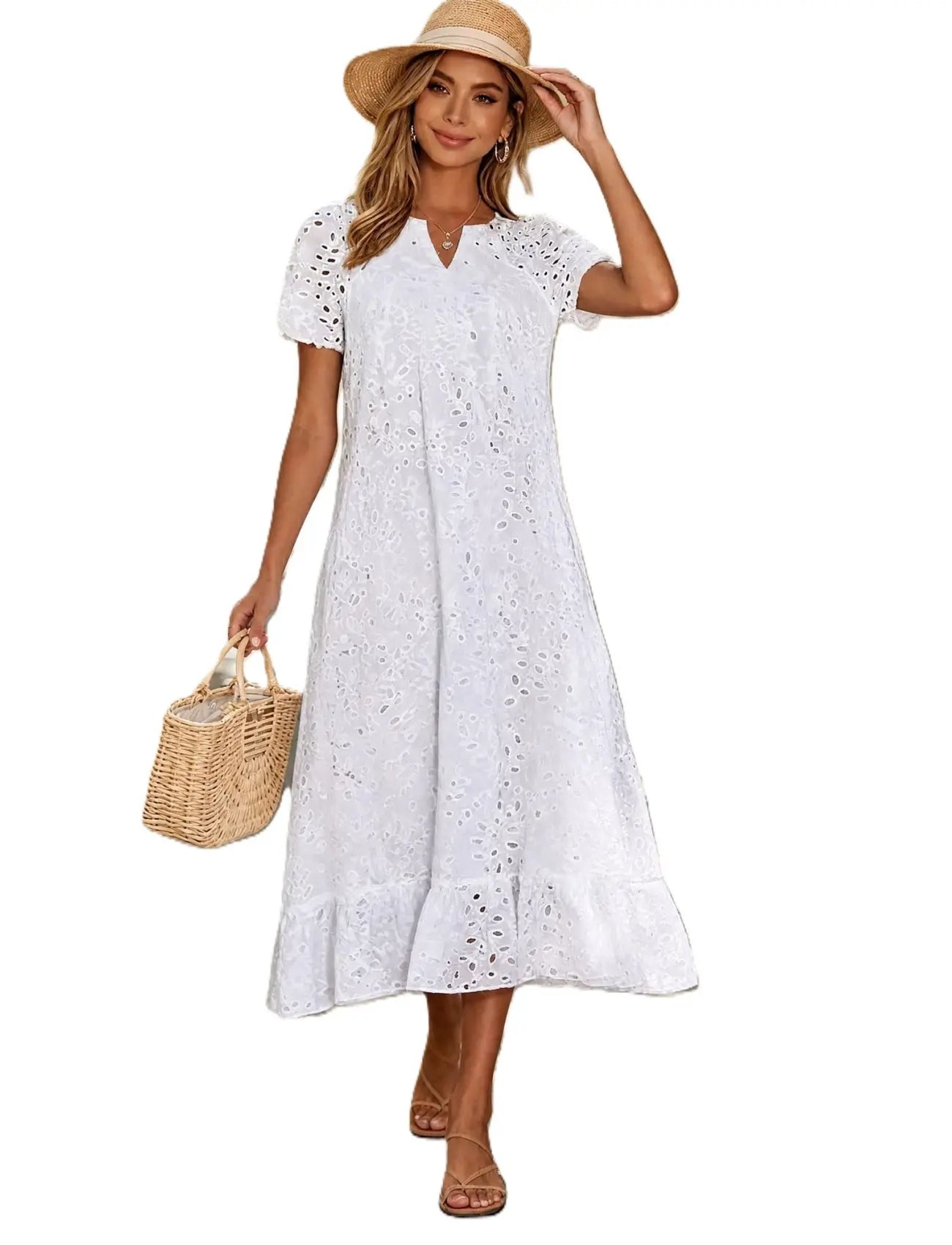 Casual Women Floral Eyelet Lace Midi Dress Notch Neck Ruffle Hem Tunic Dress with Pockets