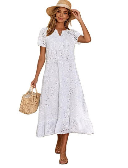 Casual Women Floral Eyelet Lace Midi Dress Notch Neck Ruffle Hem Tunic Dress with Pockets