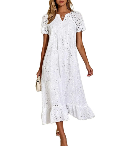 Casual Women Floral Eyelet Lace Midi Dress Notch Neck Ruffle Hem Tunic Dress with Pockets