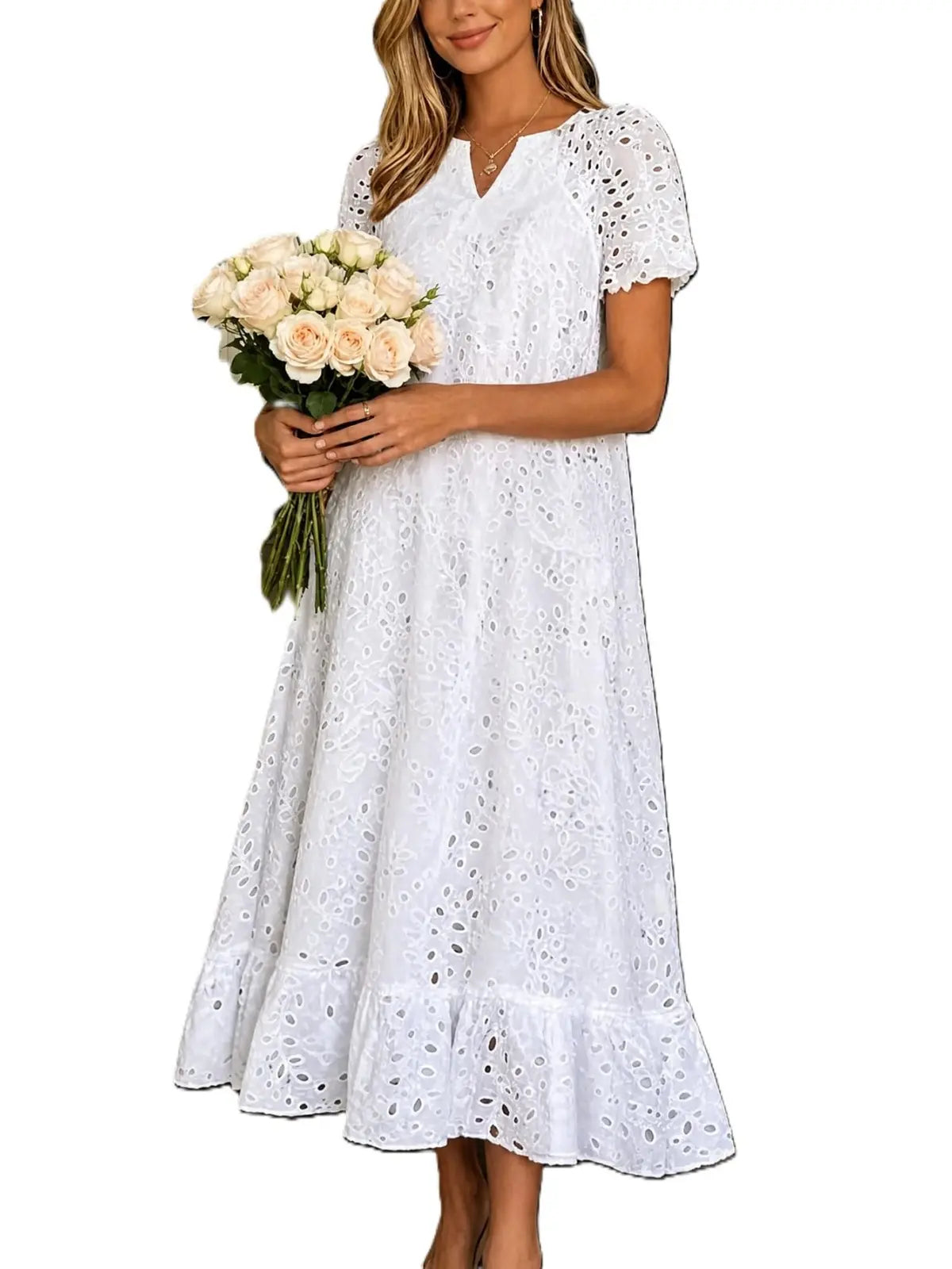 Casual Women Floral Eyelet Lace Midi Dress Notch Neck Ruffle Hem Tunic Dress with Pockets