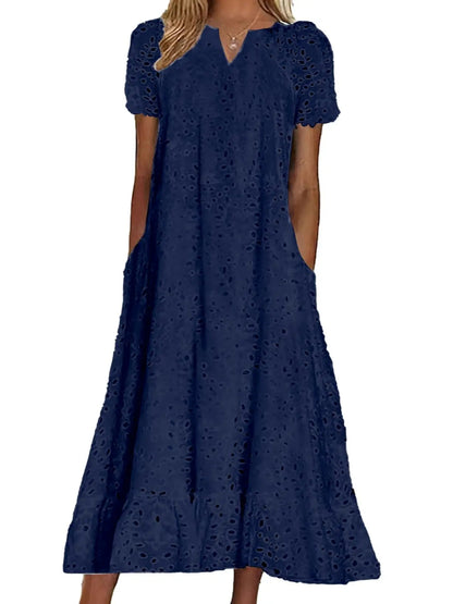 Casual Women Floral Eyelet Lace Midi Dress Notch Neck Ruffle Hem Tunic Dress with Pockets