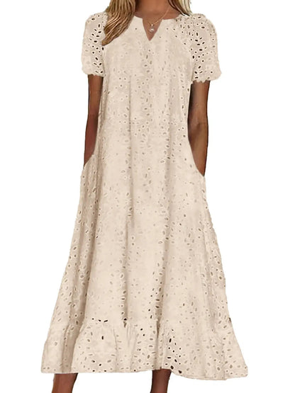 Casual Women Floral Eyelet Lace Midi Dress Notch Neck Ruffle Hem Tunic Dress with Pockets