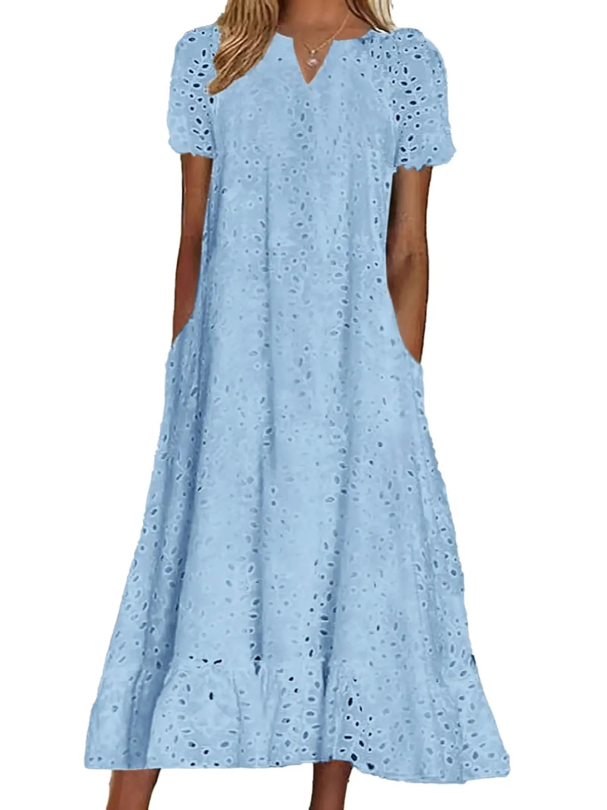 Casual Women Floral Eyelet Lace Midi Dress Notch Neck Ruffle Hem Tunic Dress with Pockets