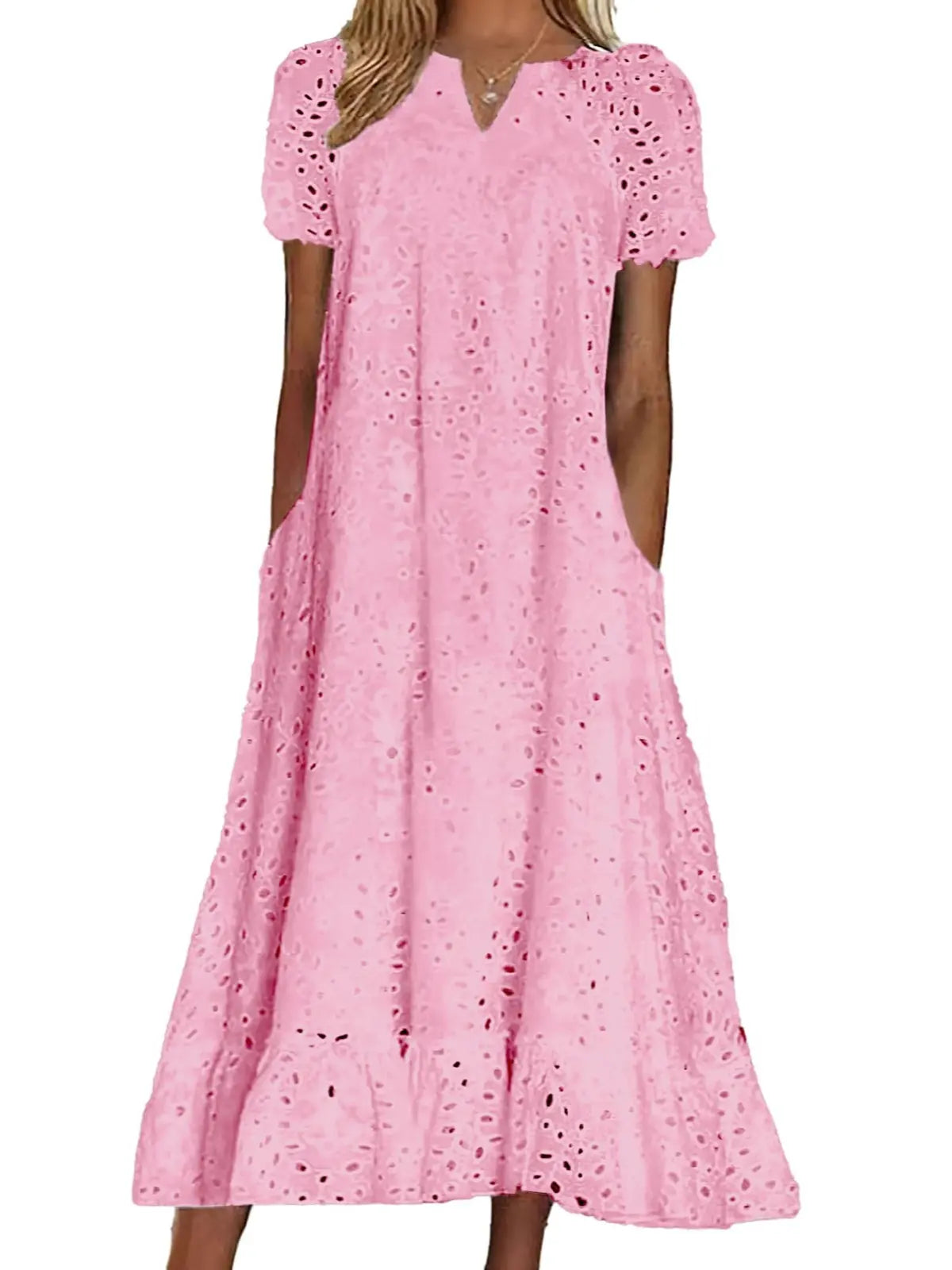 Casual Women Floral Eyelet Lace Midi Dress Notch Neck Ruffle Hem Tunic Dress with Pockets