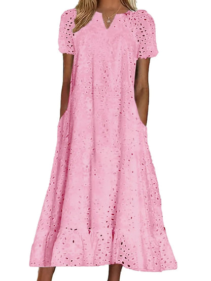 Casual Women Floral Eyelet Lace Midi Dress Notch Neck Ruffle Hem Tunic Dress with Pockets