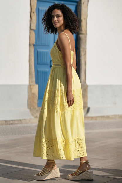 Yumi Butter Yellow Cotton Lace Trim Midi Dress
