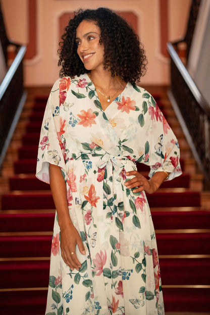 Yumi Ivory Floral Print Wrap Midi Dress With Dipped Hem