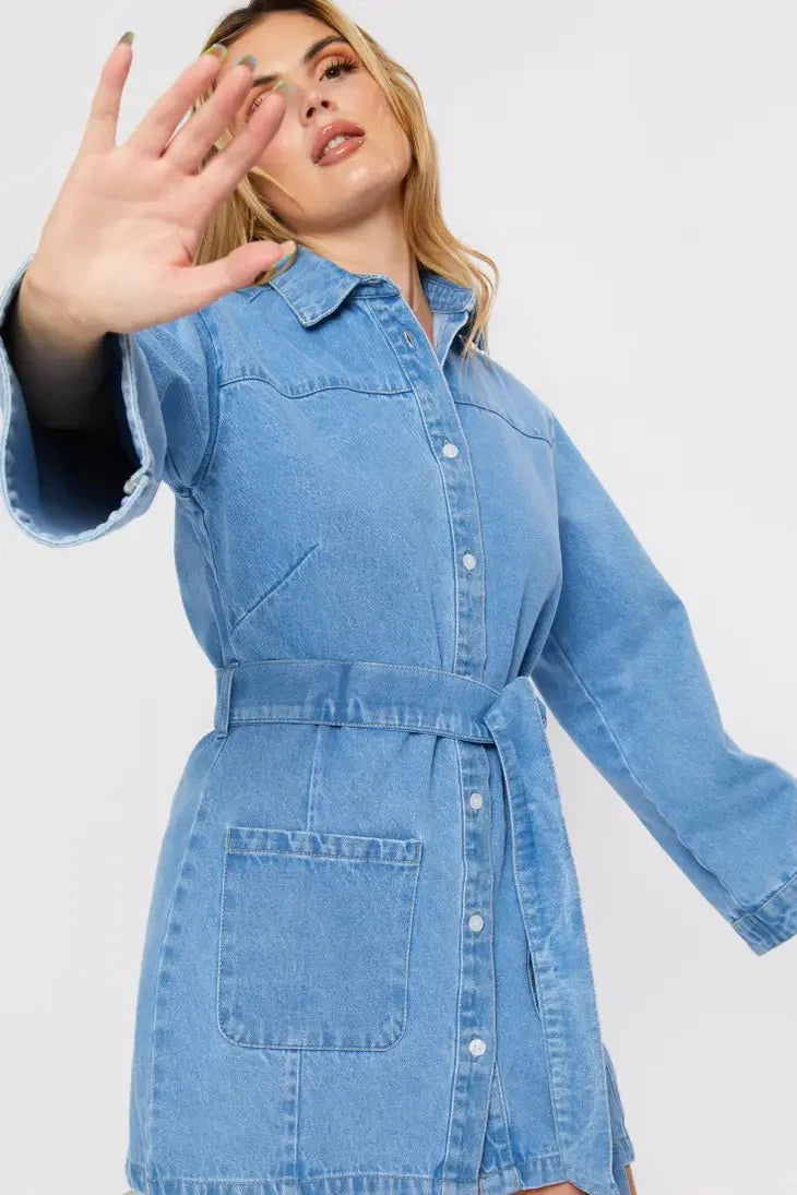 Denim Wrap Tie Dress - Light Blue Wash