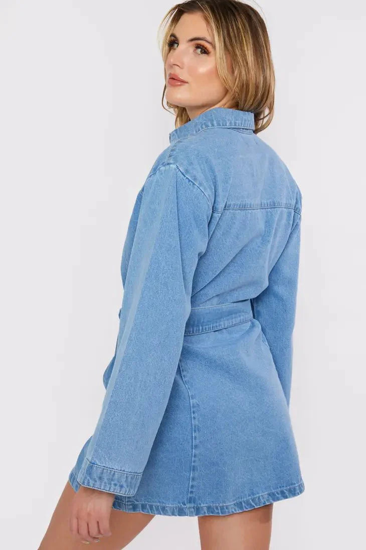 Denim Wrap Tie Dress - Light Blue Wash