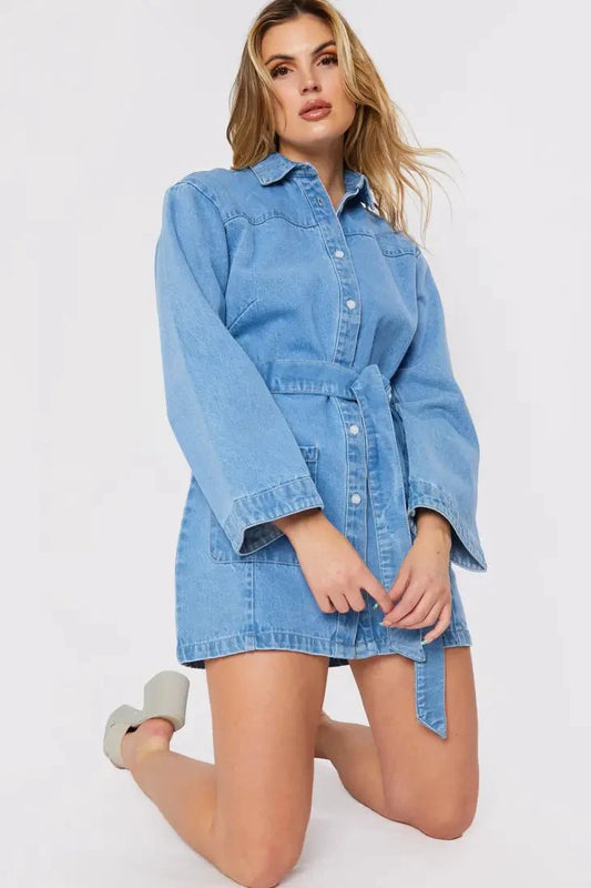 Denim Wrap Tie Dress - Light Blue Wash