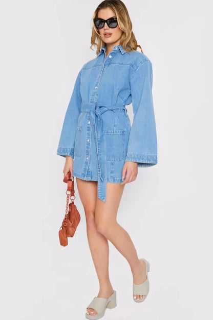 Denim Wrap Tie Dress - Light Blue Wash