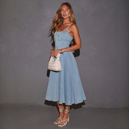 Hollow Strap Slim Waist Denim midi Dress
