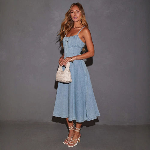 Hollow Strap Slim Waist Denim midi Dress