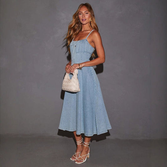 Hollow Strap Slim Waist Denim midi Dress