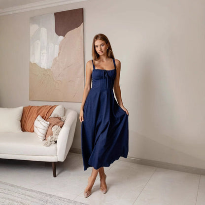Navy Blue Backless and Sleeveless midi Denim Dress