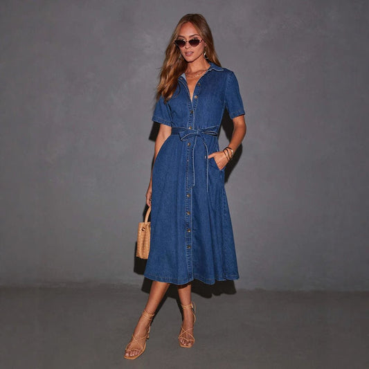 New Retro V Neck Strappy midi Denim Dress