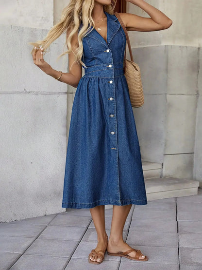 Retro Harbour Style V-neck Sleeveless Denim Dress with High Waist