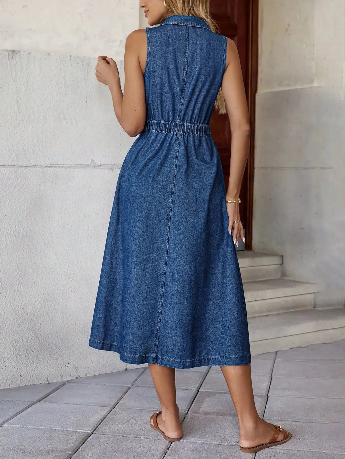 Retro Harbour Style V-neck Sleeveless Denim Dress with High Waist