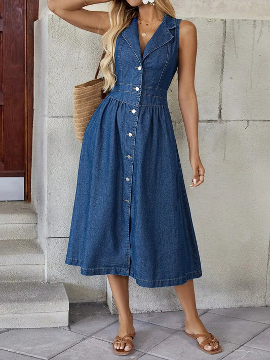 Retro Harbour Style V-neck Sleeveless Denim Dress with High Waist