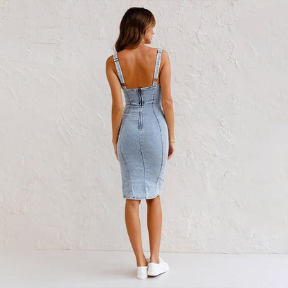 Short Sleeve U-neck Sling Old Leisure Style Denim Connection Dresses