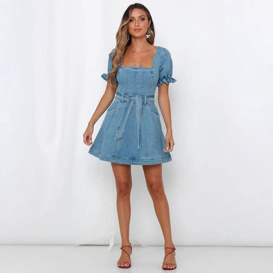 Square Collar Lace-up Waist mini Denim dress