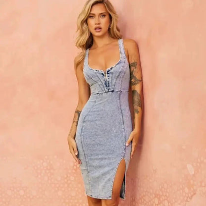 U Neck Slim Fit Wrap Hip Split Denim midi Dresses