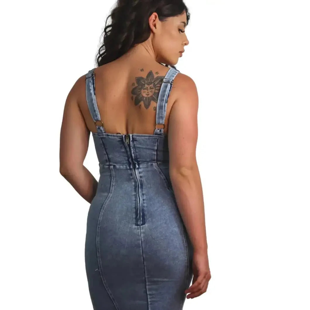 U Neck Slim Fit Wrap Hip Split Denim midi Dresses