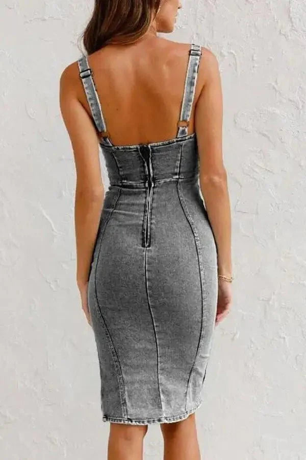 U Neck Slim Fit Wrap Hip Split Denim midi Dresses