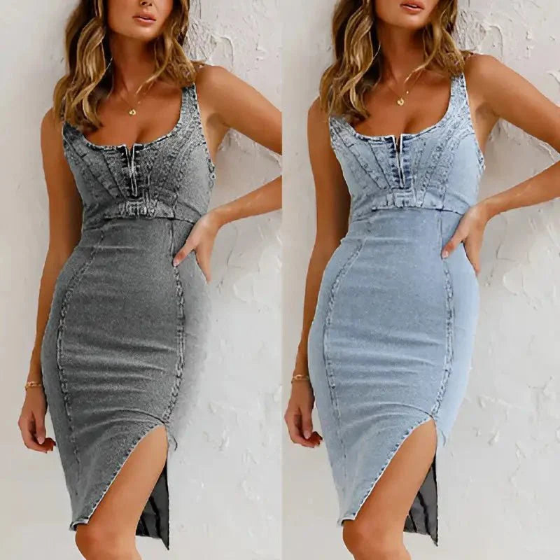 U Neck Slim Fit Wrap Hip Split Denim midi Dresses